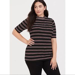 BLACK & MULTI STRIPE RIBBED MOCK NECK TEE